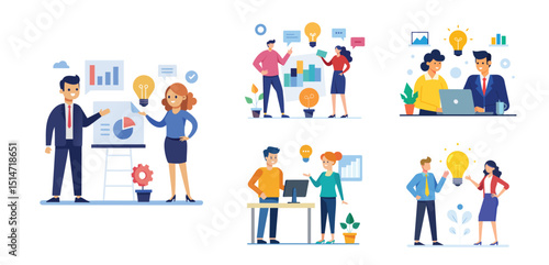 Illustration of two people sharing ideas. Teamwork and idea sharing concept. Flat style design