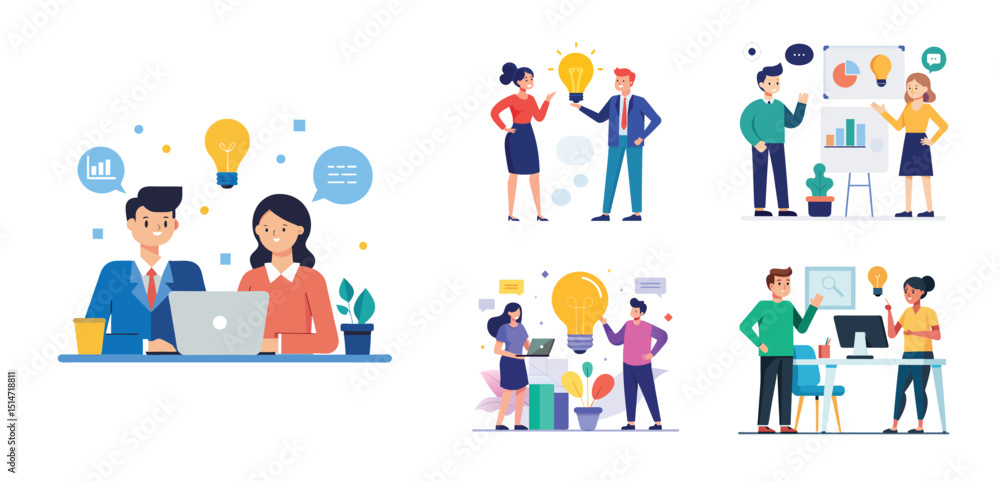 Illustration of two people sharing ideas. Teamwork and idea sharing concept. Flat style design Illustration of two people sharing ideas. Teamwork and idea sharing concept. Flat style design