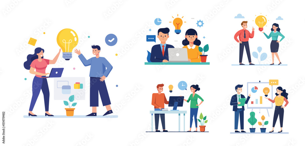 Illustration of two people sharing ideas. Teamwork and idea sharing concept. Flat style design Illustration of two people sharing ideas. Teamwork and idea sharing concept. Flat style design