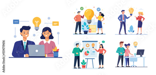 Illustration of two people sharing ideas. Teamwork and idea sharing concept. Flat style design