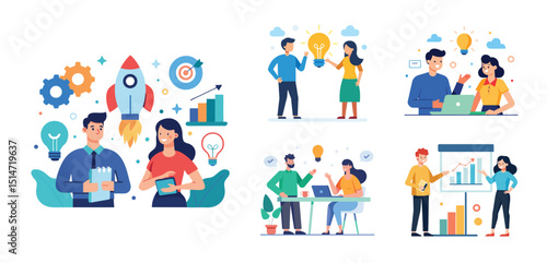 Illustration of two people sharing ideas. Teamwork and idea sharing concept. Flat style design