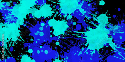 Abstract watercolor splatter pattern in teal and blue on a black background