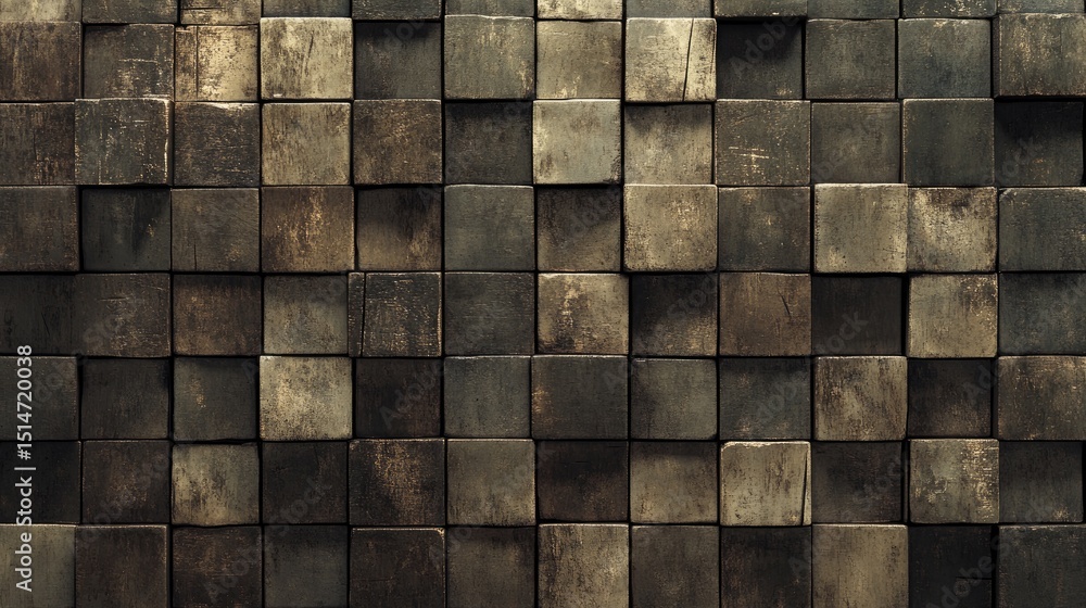 Close-up view of a textured wall composed of many small square wooden blocks. Close-up view of a textured wall composed of many small square wooden blocks.
