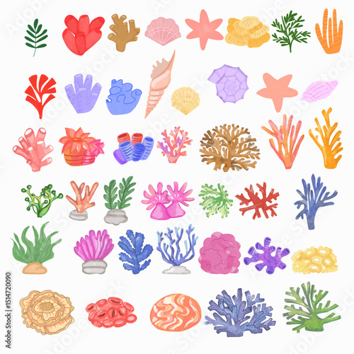 Set of variant coral and reef beautiful underwater element stock
