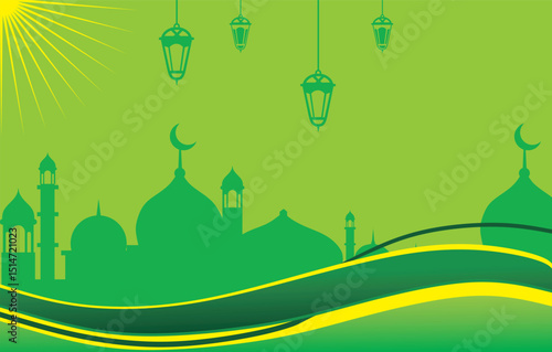 landscape with trees, Radiant Green Mosque and Lantern Scene
