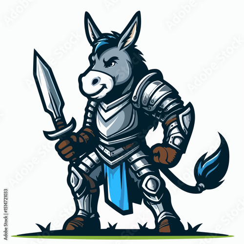 Brave Donkey Knight: A cartoon illustration of a brave donkey knight, clad in shining silver armor, stands proudly with a sword.  The character is expressive and has a determined look.