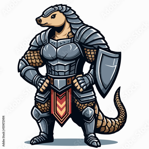 Pangolin Knight: A strong pangolin character, meticulously rendered, stands proud in gleaming armor. The striking artwork is perfect for fantasy, gaming, and storytelling purposes.