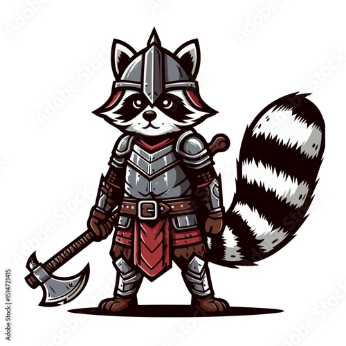 Raccoon Knight: A brave raccoon warrior, clad in shining armor and wielding a battle-axe, stands ready for adventure. This whimsical illustration showcases a charming blend of fantasy and wildlife.