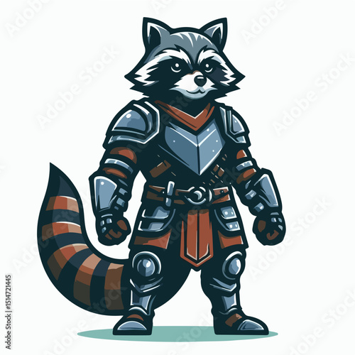 Warrior Raccoon: An illustrated warrior raccoon stands ready, clad in detailed armor, capturing the essence of bravery and adventure with a cartoonish charm.