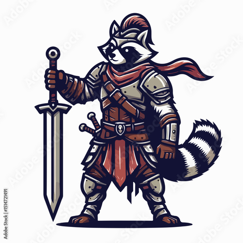 Brave Knight: A courageous raccoon knight, stands tall and resolute, clad in gleaming armor, brandishing a mighty sword, and ready for adventure.