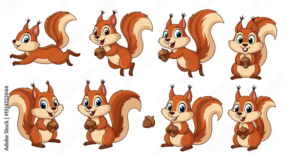 Fototapeta premium Adorable Cartoon Squirrels Collection with Acorns