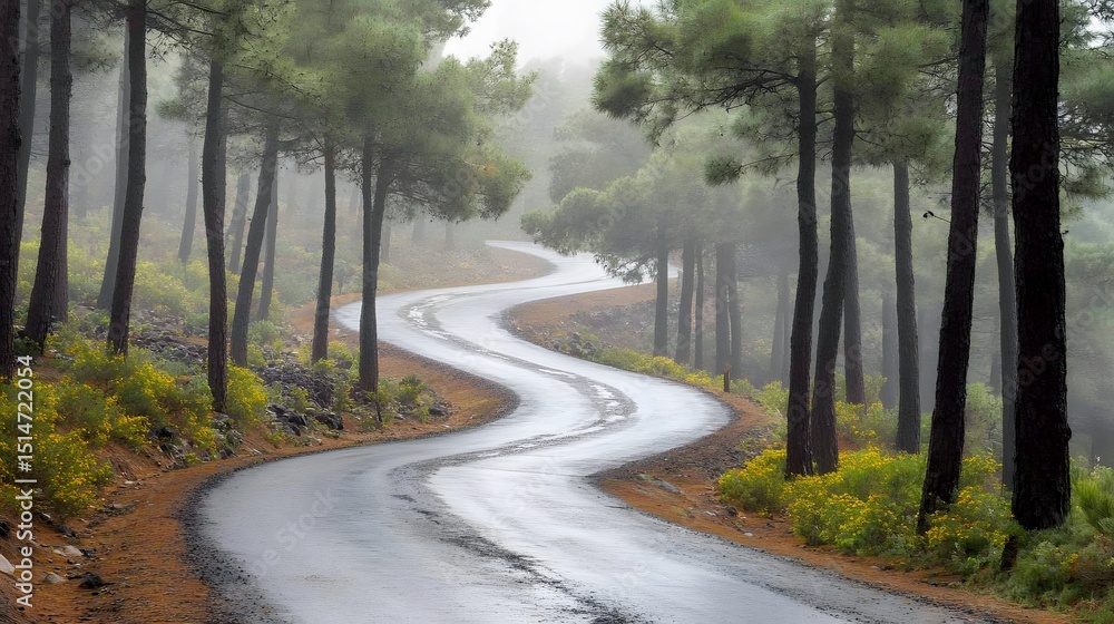 Obraz premium Misty Forest Road Winding Path Scenic Drive