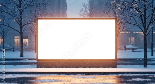 Blank Billboard Mockup in Snowy City at Night Advertising Space