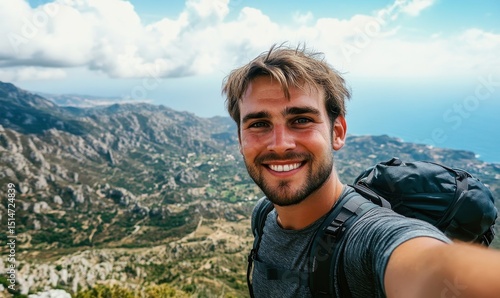 Young hiker man taking selfie portrait on the top of mountain - Happy guy smiling at camera - Hiking and climbing cliff