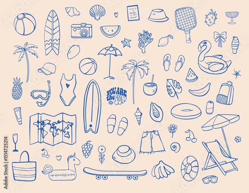 Summer themed hand-drawn sketch set with beach objects, surfboards, palm trees, swimsuits, fruits, umbrellas, floaties, and travel accessories in a playful blue outline style