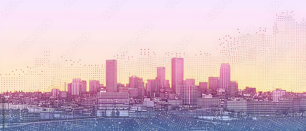 Obraz premium Colorful Pixelated Cityscape At Sunrise