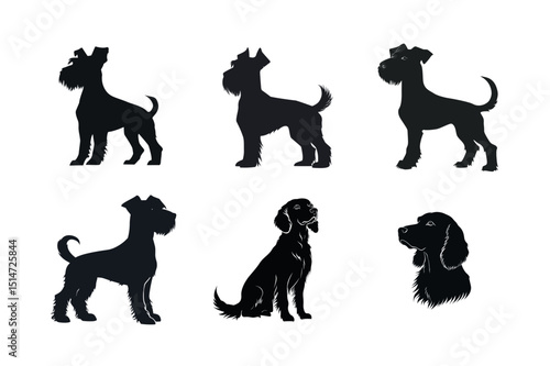 Six dog silhouettes miniature schnauzer and spaniel