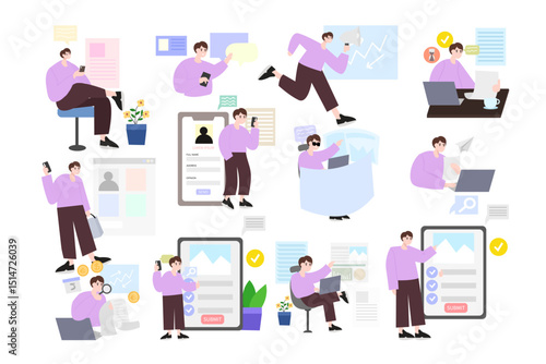 Popular flat design. Business people concept illustration. Basic office concept illustrations. Set of people vector illustrations in various activities of business planning and strategy, management, m