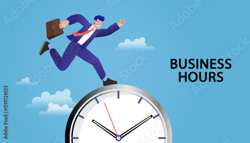 Time management and business hours concept. A busy businessman with a briefcase is running on a giant clock, symbolizing the urgency of meeting a deadline, productivity, a tight professional schedule.