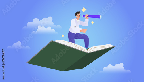Man looking through binoculars. Business metaphor for search or knowledge and know how to . flat vector outline illustration concept of digital data on computer. Searching for employee for business.
