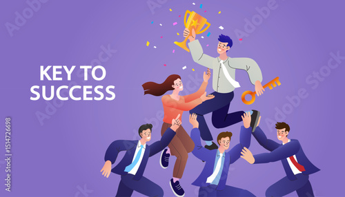 A diverse business team celebrates on a giant golden key, holding a trophy. A powerful metaphor for teamwork, strategy, and finding the key to success.