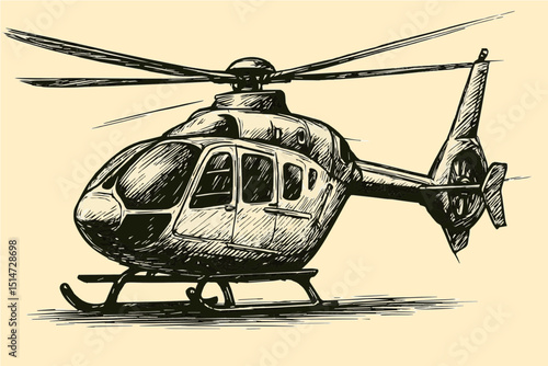 Detailed sketch of a helicopter with spinning rotors in black and white.
