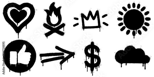 graffiti style icon set with black spray stencil elements. arrow, crown, heart, cloud, flame, sun, thumbs up, and dollar sign. Grunge, dripping paint texture gives strong street art aesthetic.