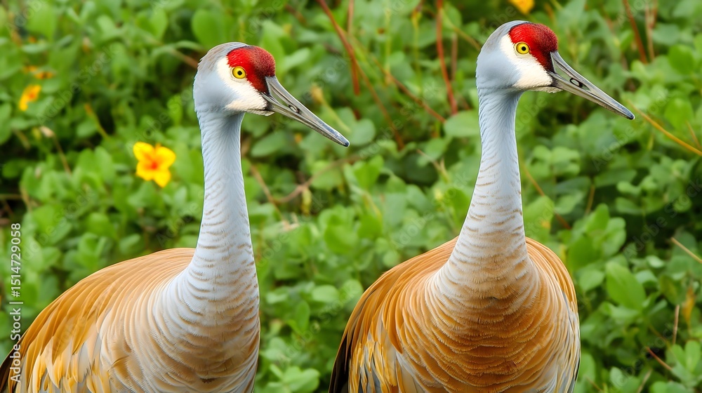 Fototapeta premium Two Sandhill Cranes Close Up in Lush Green Foliage