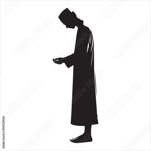 Black silhouette of a person in prayer (Salah), standing with hands folded, on a pure white background 