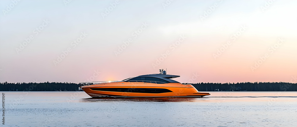 Fototapeta premium Orange Yacht On Beach At Sunset