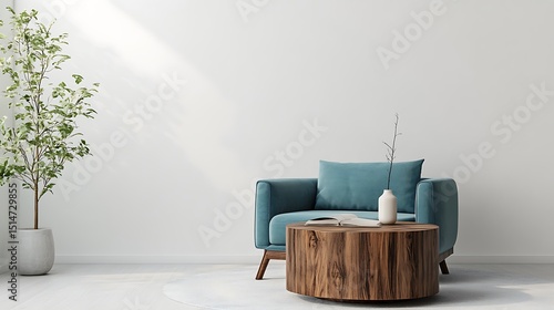 Wallpaper Mural Modern minimalist living room with teal sofa and wooden coffee table Torontodigital.ca
