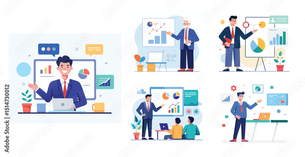People make a presentation of the project by showing charts and statistics. Brainstorming. Flat vector illustration of business presentation concept.
People make a presentation of the project by showing charts and statistics. Brainstorming. Flat vector illustration of business presentation concept.