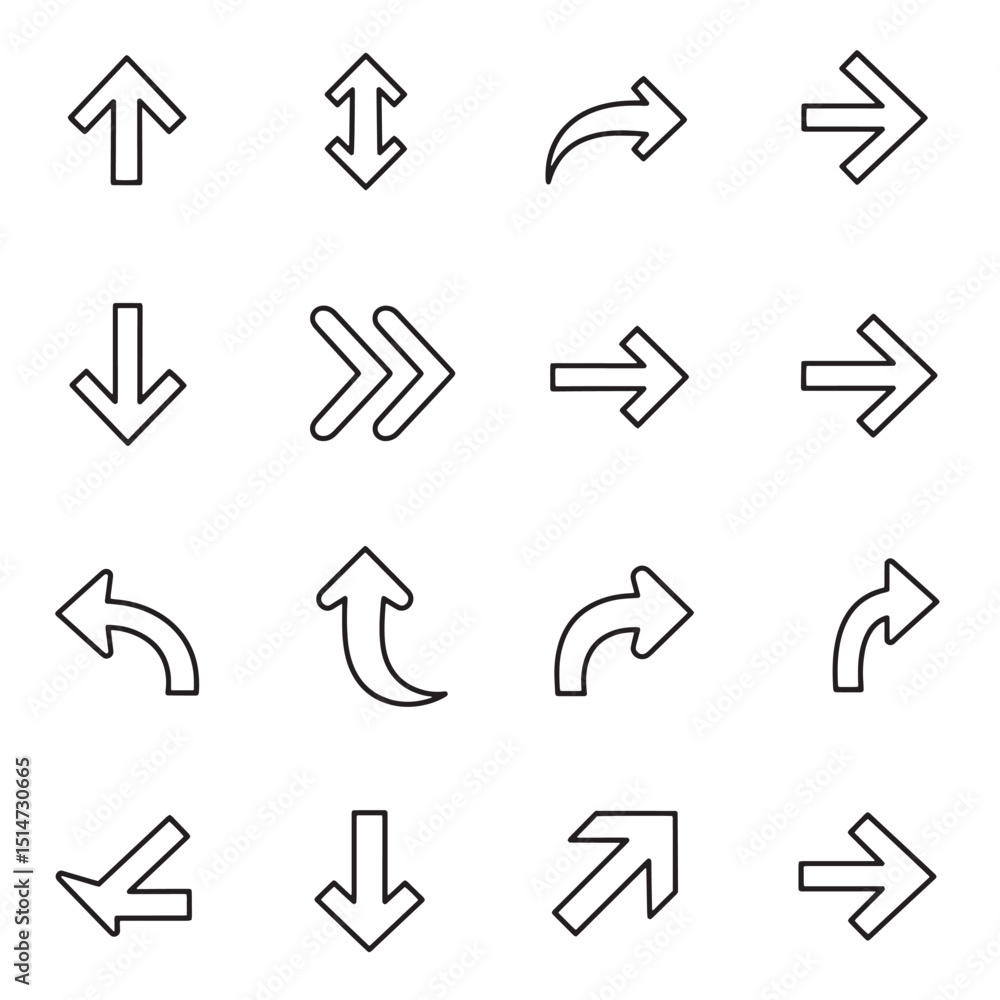 Collection of vector arrows in various directions and styles with outline design Collection of vector arrows in various directions and styles with outline design
