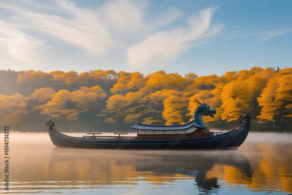 Obraz premium A Japanese traditonal yacht at the middle of beautiful lake with yellow leaves under good weather