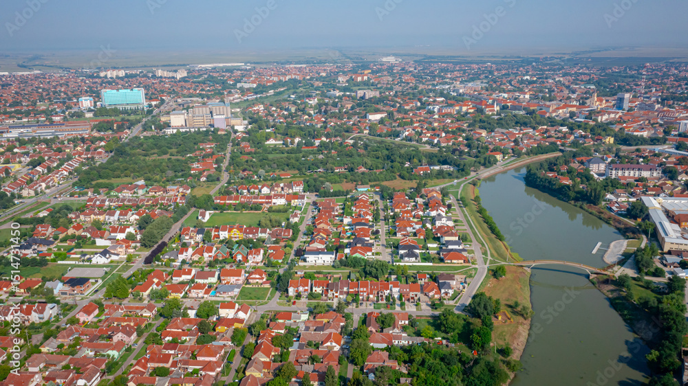 Obraz premium Aerial view of city architecture, urban landscape with river