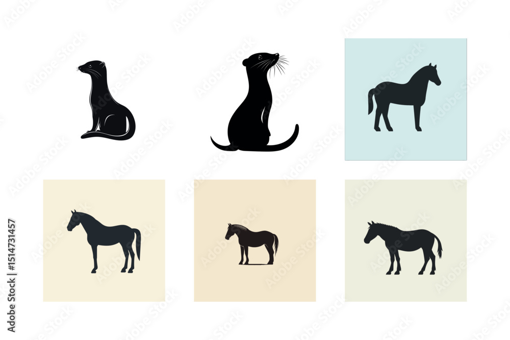 Obraz premium Silhouette set of animals horse and ferret