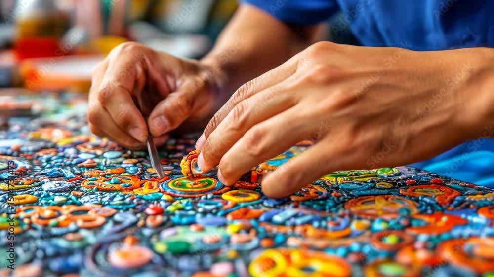 Close-up of hands working on a detailed colorful art piece Close-up of hands working on a detailed colorful art piece
