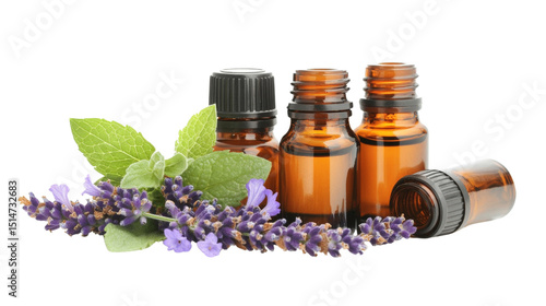 A set of essential oil bottles with lavender, peppermint, and eucalyptus oils,Transparent background, PNG file