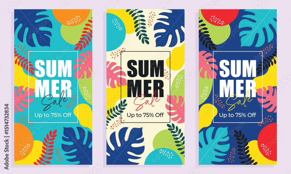 Fototapeta premium Summer sale abstract banner set with tropical leaves flat vector illustration.