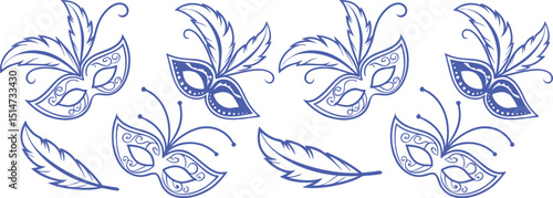 Seamless pattern of hand-drawn carnival masks with ornate feathers in elegant blue line art. Ideal for party themes, Mardi Gras invites, and festive  Elegant, decorative, and artistic style.