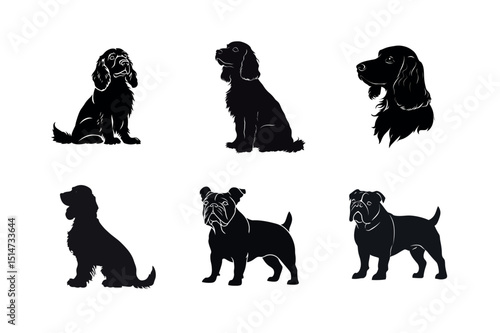Six dog silhouettes cocker spaniel and bulldog breeds