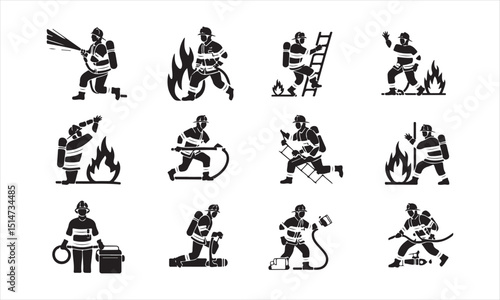 Firefighter Action Icons: Various Firefighting Tasks Depicted