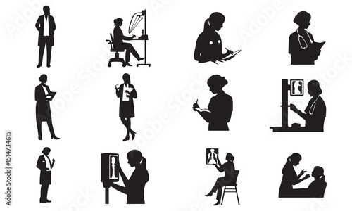 A collection of black silhouette illustrations showcasing various female medical professionals in different settings and actions.