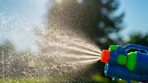 Water gun spraying water in bright sunlight during summer playtime  