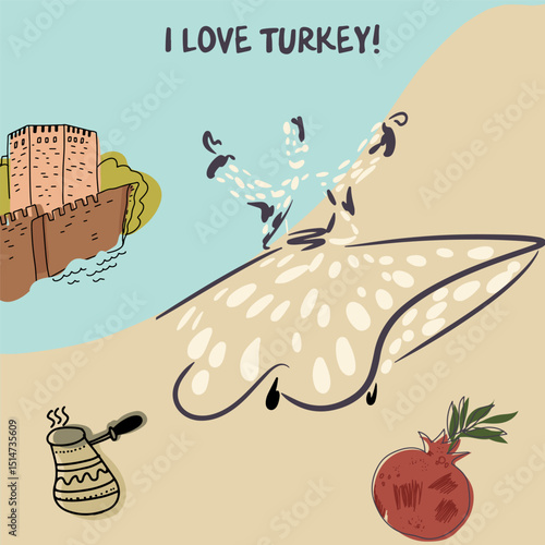 Card, invitation, sightseeing in Turkey, childish style, hand drawn, line drawing, texture. Vector illustration.