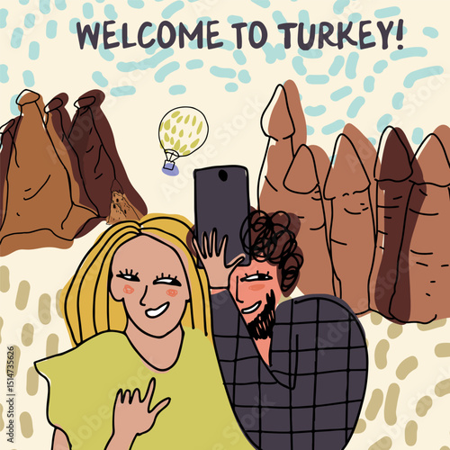 Card, invitation, Couple walking, sightseeing in Turkey, childish style, hand drawn, line drawing, texture. Vector illustration.