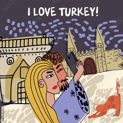 Card, invitation, Couple walking, sightseeing in Turkey, childish style, hand drawn, line drawing, texture. Vector illustration.