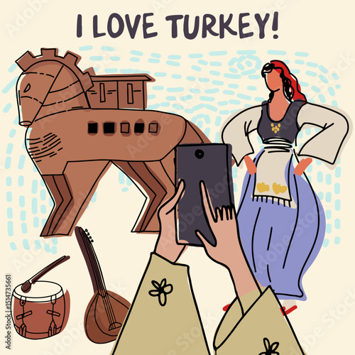Card, invitation, sightseeing in Turkey, childish style, hand drawn, line drawing, texture. Vector illustration.