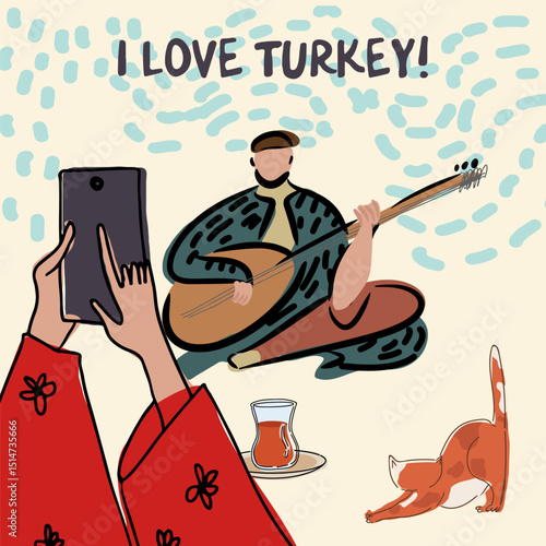 Card, invitation, sightseeing in Turkey, childish style, hand drawn, line drawing, texture. Vector illustration.