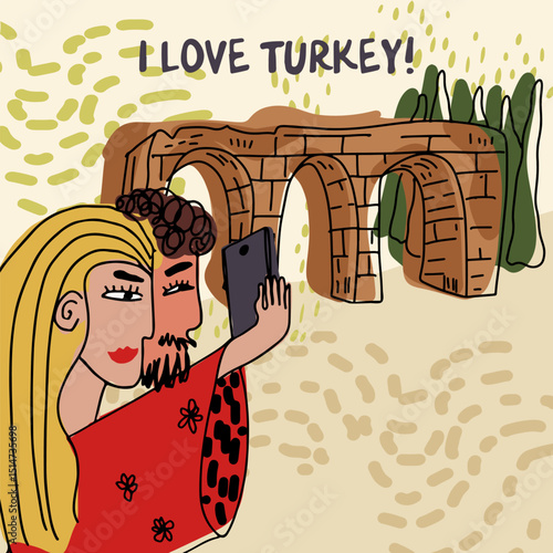 Card, invitation, Couple walking, sightseeing in Turkey, childish style, hand drawn, line drawing, texture. Vector illustration.